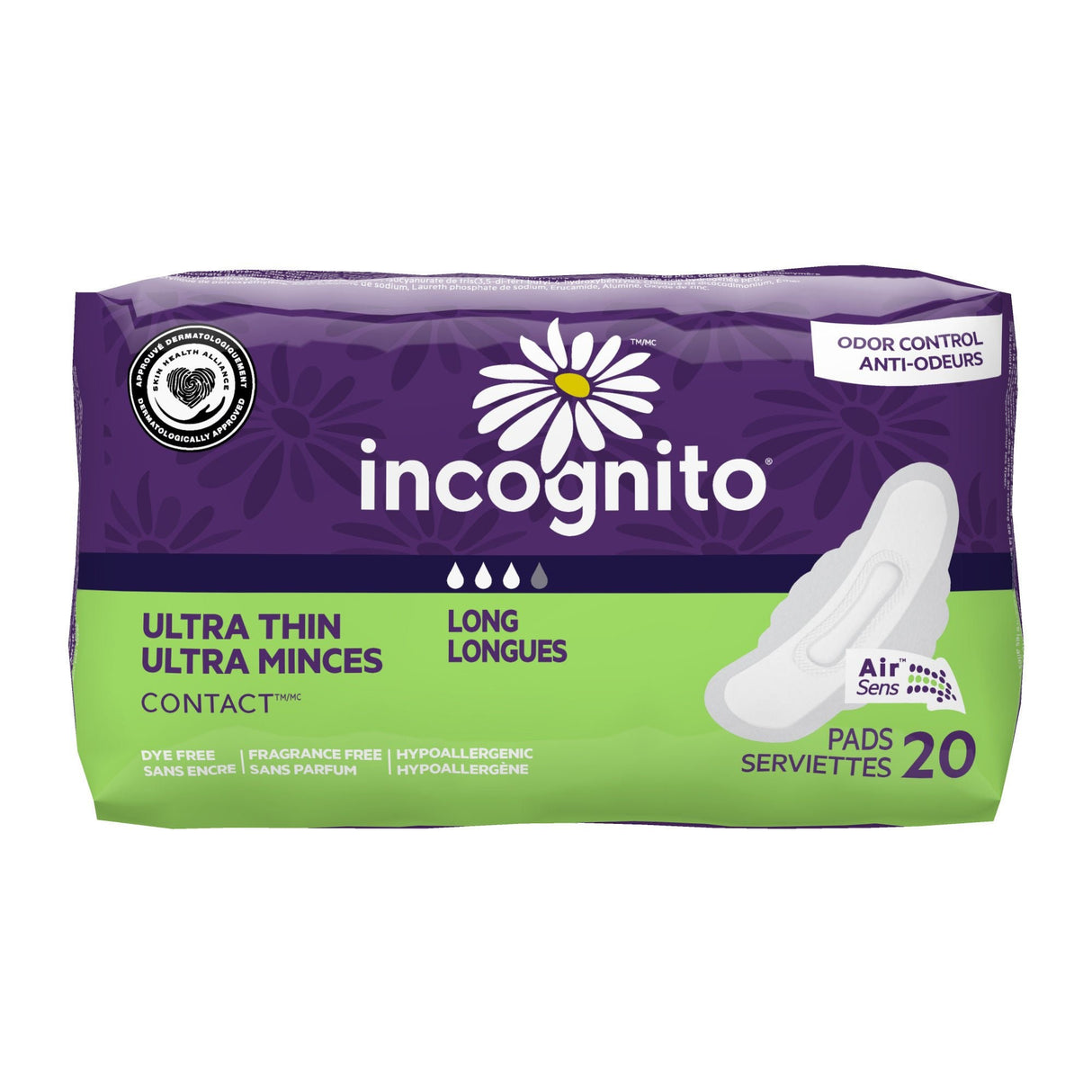 Incognito Ultra Thin Long Pads with Odor Control, Unscented - MC-112/1 - LL Medico
