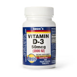 A white bottle labeled McKesson Basic’s Vitamin D3 Dietary Supplement, 50mcg (2000 IU), supports immune & bone health. Gluten free, 200 film-coated tablets. Label has blue, yellow, and red accents.