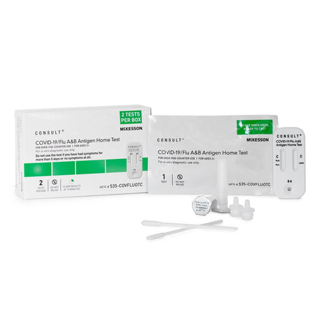 The McKesson Consult COVID-19 / Flu A&B Antigen Home Test, 2 Tests by McKesson features a box with two tests, test cassettes, swabs, and solution vials—an easy-to-use at-home option for respiratory virus detection.
