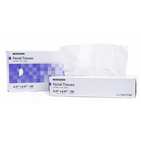 Two rectangular boxes of McKesson Facial Tissues, White, 8.37 x 8.07 Inch are shown—one open with a tissue pulled out. The white boxes feature blue geometric designs, product details, and rapidly renewable fiber labeling.