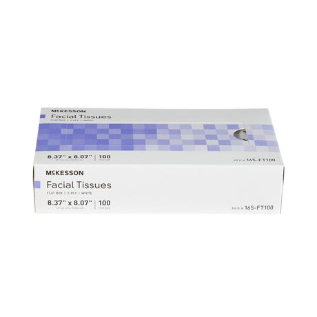 The McKesson Facial Tissues, White, 8.37 x 8.07 inch, come in a flat box of 100 and are made with rapidly renewable fiber, making them an eco-friendly choice.