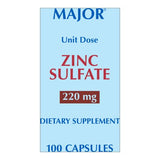 Front label of a McKesson Zinc Sulfate Mineral Supplement bottle, showing 220 mg, Unit Dose, 100 capsules, and Dietary Supplement on a light blue background for immune support.