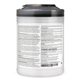 A white Nice Pak Sani-Cloth AF3 Germicidal Disposable Wipes container with a black lid displays detailed usage instructions, safety warnings, and storage and disposal info in small black text.