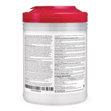 A white Nice Pak Sani-Cloth Plus Germicidal Disposable Wipes container with a red lid features black text instructions, ingredients, and caution warnings. This EPA-registered Nice Pak product includes a barcode at the bottom for scanning.