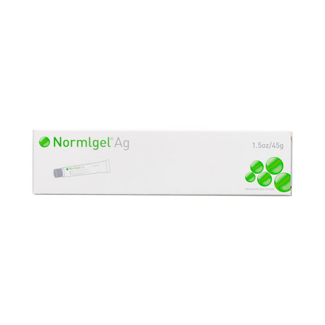 A white box labeled Normlgel Ag Silver Antimicrobial Wound Care Gel by Molnlycke, with green text and circular designs, shows 1.5oz/45g and a tube image—ideal for hydrogel wound care and infection prevention.
