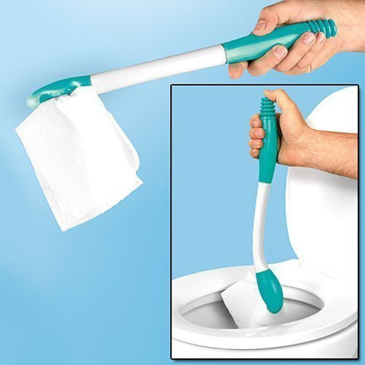 A hand holds the Jobar North American Health + Wellness Long Reach Comfort Wipe Toileting Aid with toilet paper attached; an inset shows this personal hygiene aid being used to wipe inside a toilet bowl.