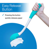 A hand holds the North American Health + Wellness Long Reach Comfort Wipe Toileting Aid by Jobar, with tissue at the end; text reads: Easy Release Button – Press to quickly release paper.