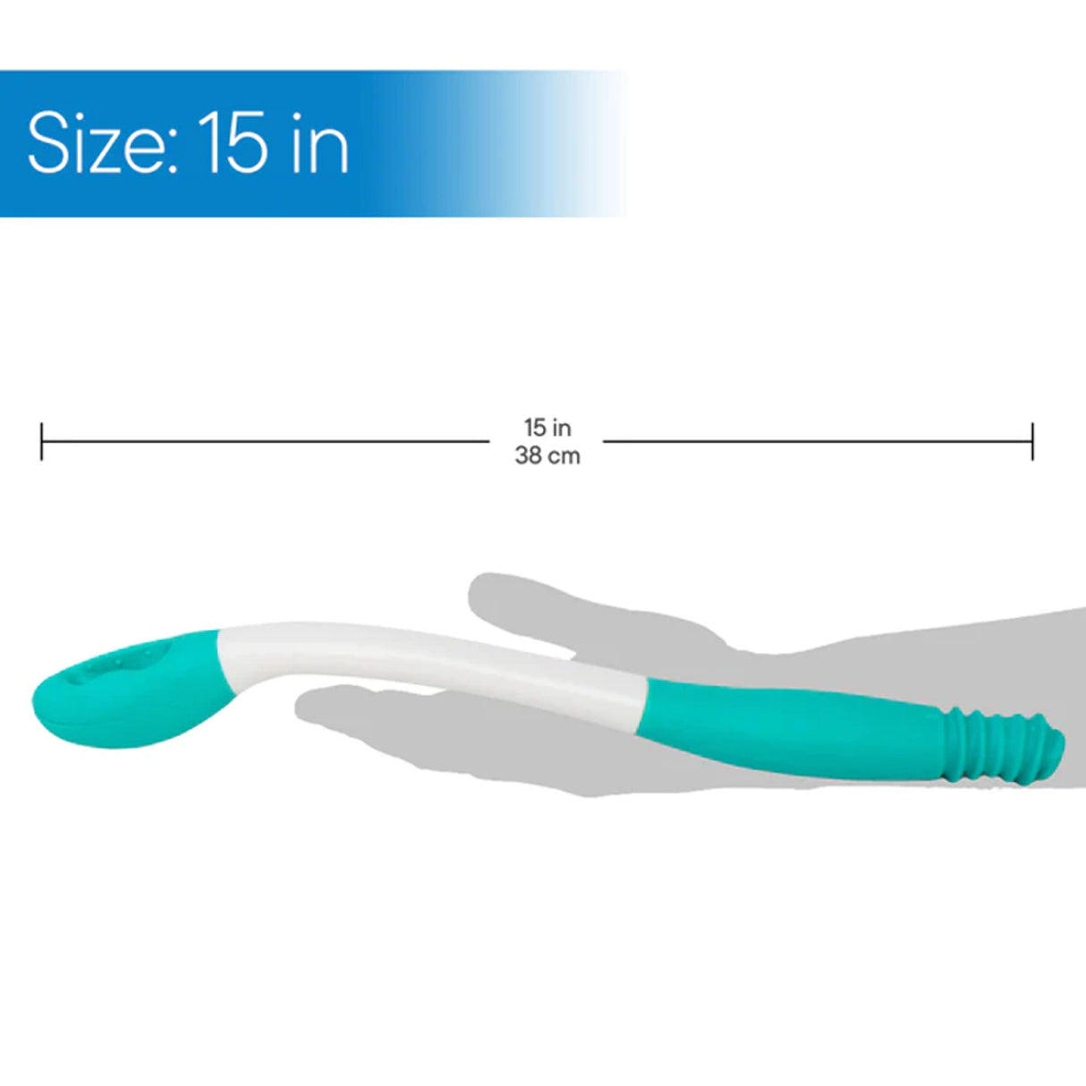 The Jobar North American Health + Wellness Long Reach Comfort Wipe Toileting Aid, turquoise and white, measures 15 in (38 cm) long. Shown with a hand silhouette for scale, it's designed for added convenience and independence in personal hygiene.