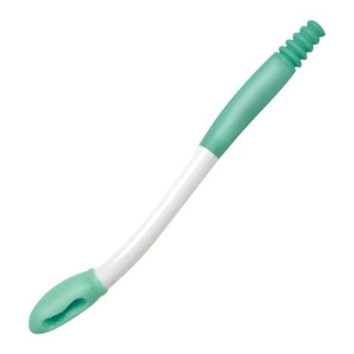The Jobar North American Health + Wellness Long Reach Comfort Wipe Toileting Aid is a green and white, curved, long-handled tool with a rubberized grip designed to help hold toilet paper for easier personal hygiene.
