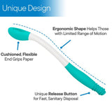 The Jobar North American Health + Wellness Long Reach Comfort Wipe Toileting Aid has a turquoise/white ergonomic curved handle, cushioned flexible end, and release button—an ideal toileting aid for users with limited range of motion.