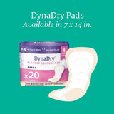 Product image of NorthShore DynaDry Pads, Ultimate (7 x 14 in.), showing a package of 20 pads and one pad outside the pack on a teal background. Text above reads: DynaDry Pads, Ultimate Available in 7 x 14 in.