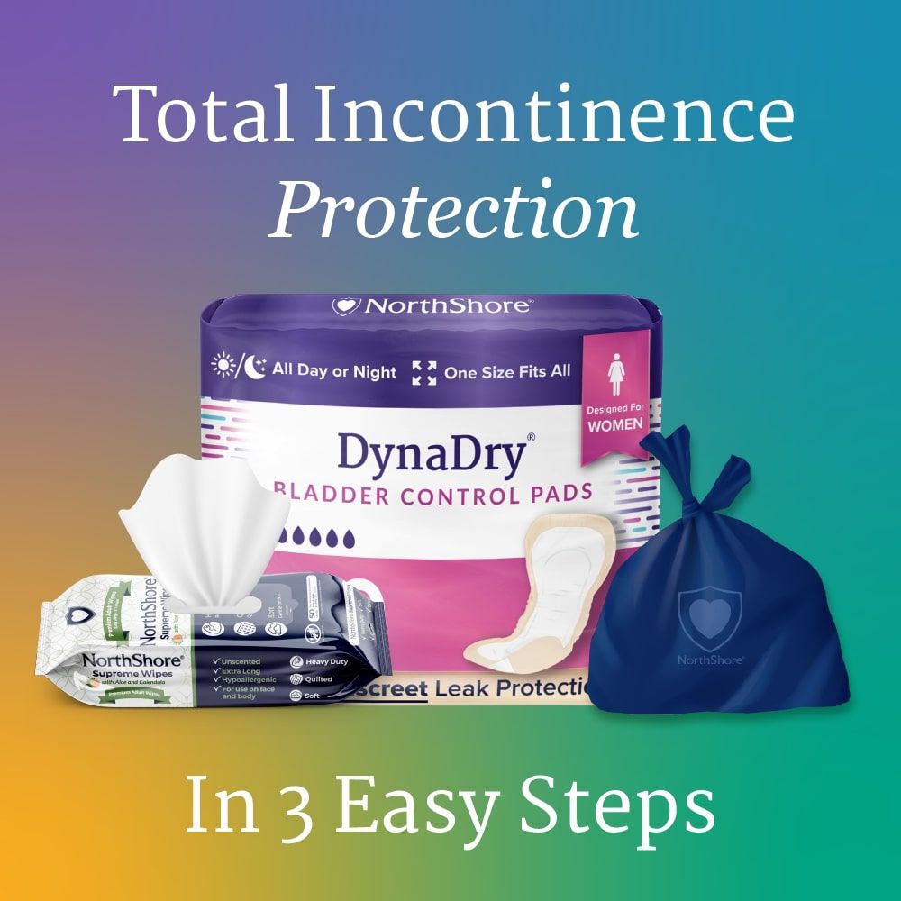 A pack of NorthShore DynaDry Pads, Ultimate (maximum absorbency), wipes with a tissue pulled out, and a blue carrying bag, with the text: Total Incontinence Protection In 3 Easy Steps.