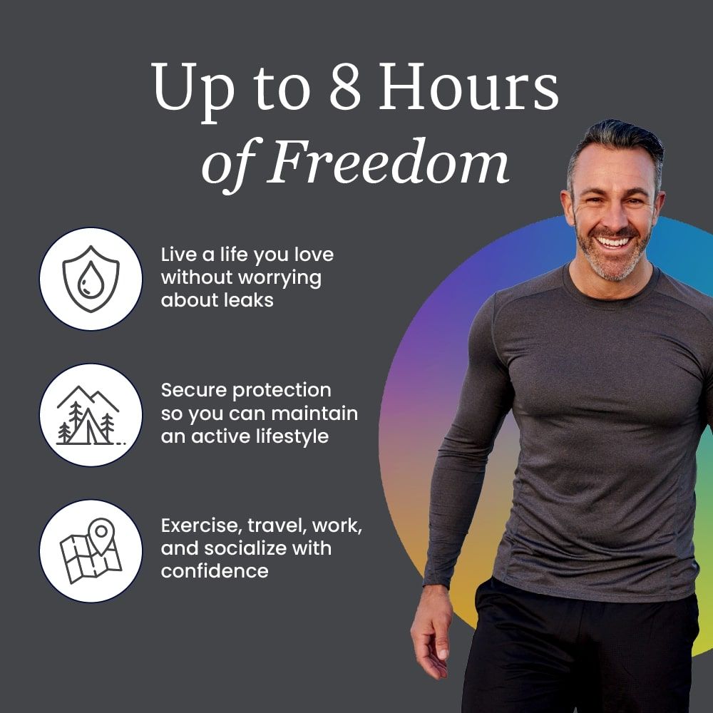 A smiling man in activewear stands beside text highlighting NorthShore DoubleStop Male Guards—offering up to 8 hours of leak-free, secure protection from post-prostate surgery urinary incontinence for confidence during exercise, travel, work, and socializing.