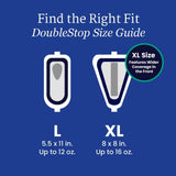 Infographic shows NorthShore DoubleStop Male Guards size guide: L (5.5x11 in, 12 oz) and XL (8x8 in, 16 oz)—ideal for post-prostate surgery leakage or male incontinence. Brand: NorthShore.