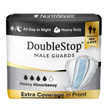 NorthShore DoubleStop Male Guards by NorthShore are heavy absorbency incontinence guards for men and boys, offering extra front coverage—ideal for post-prostate surgery. Packaging features black, white, and gold with illustrations and icons.