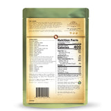Back of a beige and green pouch for Functional Formularies Nourish Pediatric Organic Oral Supplement, Vegetable & Rice Flavor, showing ingredients, nutrition facts (400 calories per 1 pouch), barcode, brand info, and preparation instructions.