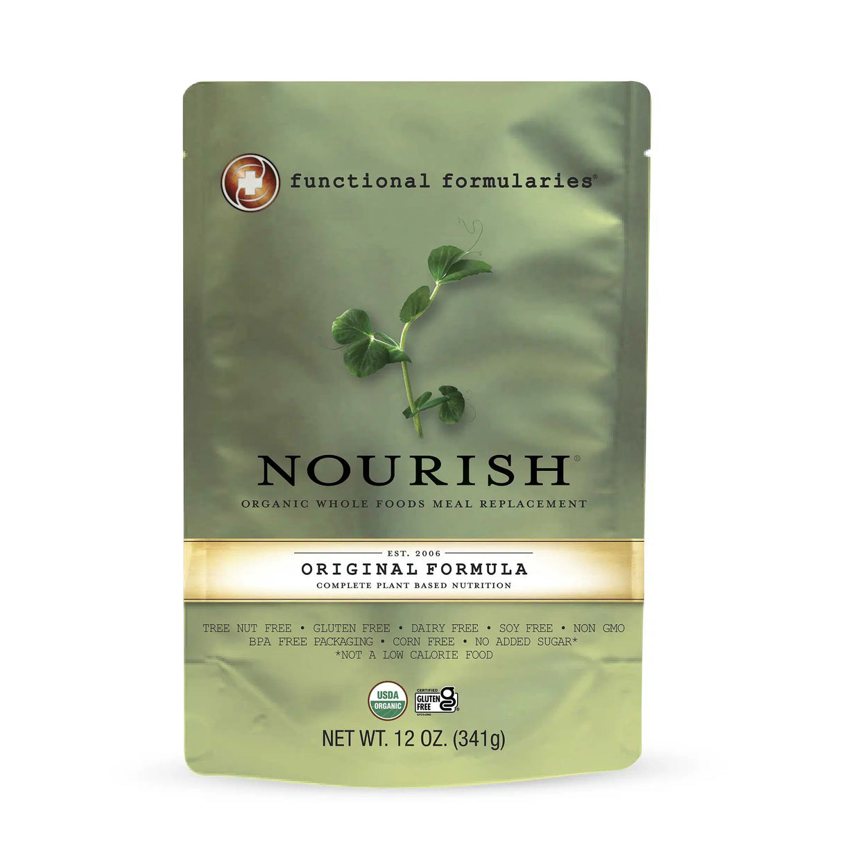 A green and gold pouch labeled Nourish Pediatric Organic Oral Supplement, Vegetable & Rice Flavor by Functional Formularies; a plant-based, USDA organic supplement free from major allergens. The pouch features a sprig of greens.
