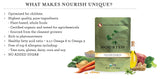 A Functional Formularies Nourish Pediatric Organic Oral Supplement, Vegetable & Rice Flavor pouch stands upright amid carrots, broccoli, grains, and peas. Text highlights it as a plant-based formula from whole foods with no added sugar.
