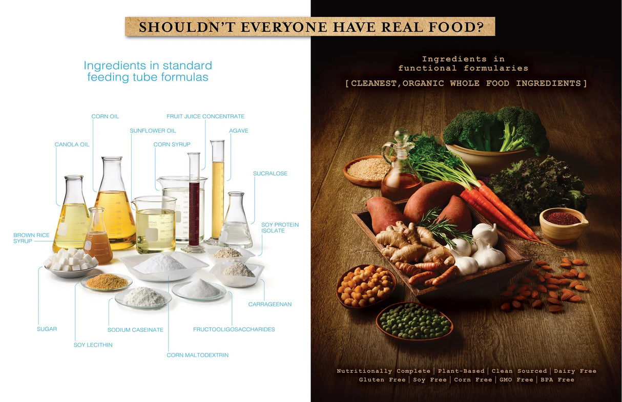 Split image: Left shows processed ingredients as standard pediatric enteral formula; right displays fresh veggies, grains, and nuts labeled as Nourish Pediatric Organic Oral Supplement by Functional Formularies, Vegetable & Rice Flavor.