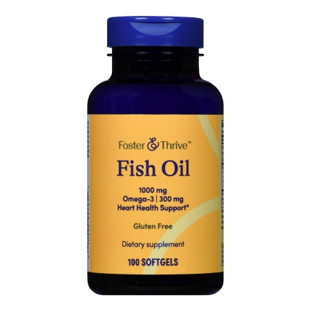A dark blue bottle of Foster & Thrive Omega 3 Supplement Fish Oil, 1000 mg, gluten free, supports heart health and cognitive function. Contains 100 softgels with a yellow label.
