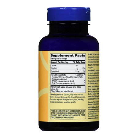 A dark blue bottle of Foster & Thrive Omega 3 Supplement Fish Oil features a yellow label with Supplement Facts, ingredients, directions, and an FDA disclaimer stating the product is not evaluated for diagnosis, treatment, cure, or prevention of diseases.
