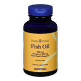 A blue bottle of Foster & Thrive Omega 3 Supplement Fish Oil contains 1000 mg softgels (100 count) for heart health, labeled gluten free and as a dietary fish oil supplement.