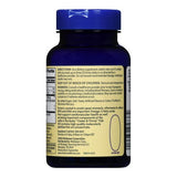 A blue Foster & Thrive Omega-3 Fish Oil Supplement bottle with a yellow label lists directions, warnings, ingredients, and the manufacturer. It highlights EPA and DHA for heart health and includes storage instructions.