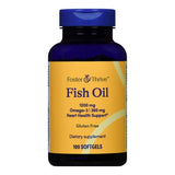 A blue bottle of Foster & Thrive Omega 3 Fish Oil Supplement shows 1200 mg for heart and joint support, 360 mg Heart Health Support, gluten free, with 100 softgels all on a yellow background.
