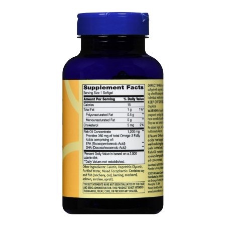 A blue plastic bottle with a yellow label displays supplement facts and nutrition info for Foster & Thrive Omega 3 Fish Oil Supplement by Foster & Thrive, supporting heart and joint health.