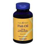 A blue bottle of Foster & Thrive Omega 3 Fish Oil Supplement with a yellow label contains 100 softgels, each serving providing 1200 mg for heart and joint support. The supplement is gluten-free and from the Foster & Thrive brand.