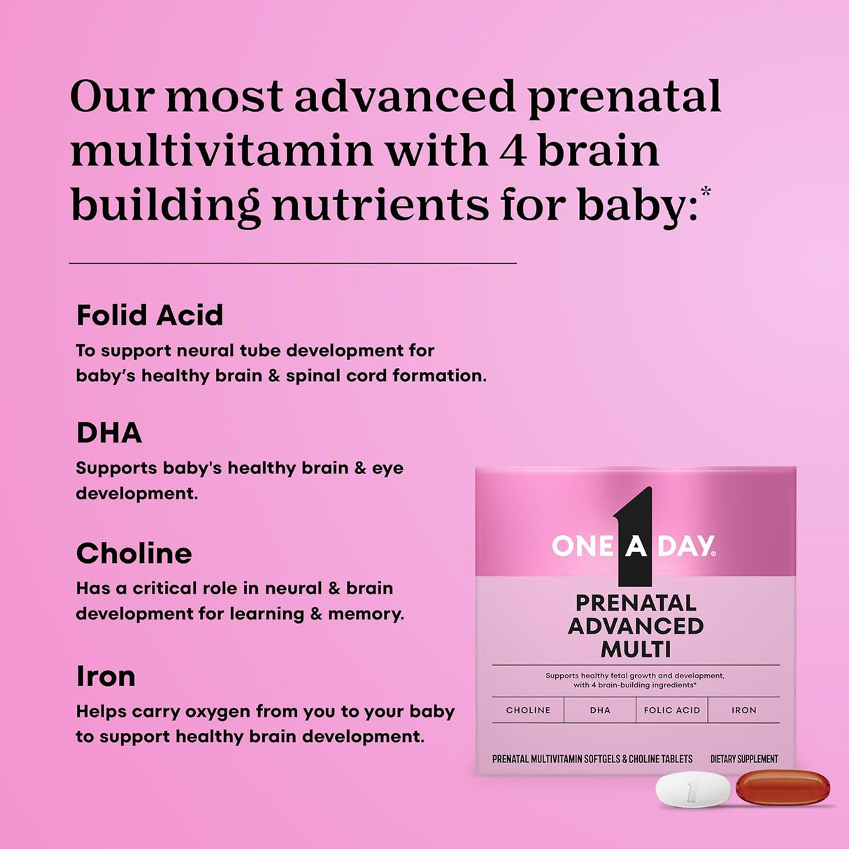 One A Day Prenatal Advanced - Prenatal Vitamins with Folic Acid, Choline, DHA & Iron, 60+60 ct