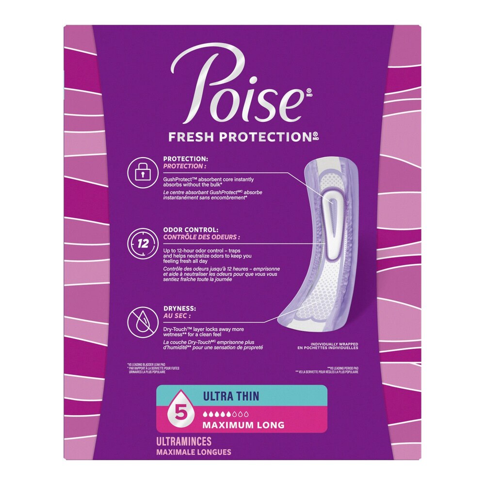 Poise Ultra Thin Pads, 5 Drops Maximum Absorbency, Long Length