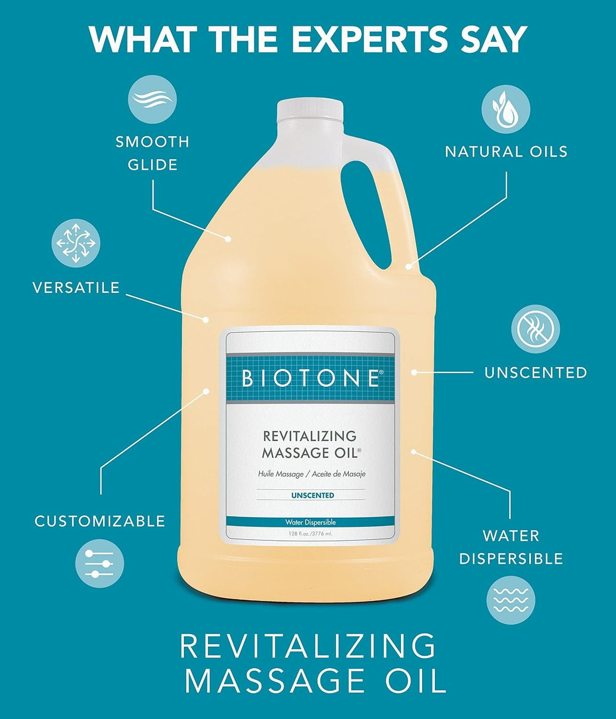 Biotone Revitalizing Massage Oil, Unscented, Water Dispersible, 128 fl oz
