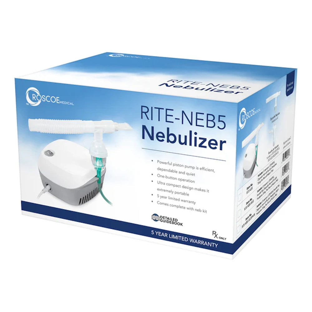 Box of Roscoe Medical Roscoe Nebulizer Compressor with Disposable Neb Kit, featuring efficient piston pump, compact design, and a five-year limited warranty—ideal for effective respiratory therapy.
