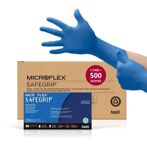 Microflex SafeGrip Powder-Free Latex Exam Gloves, Extended Cuff, Blue
