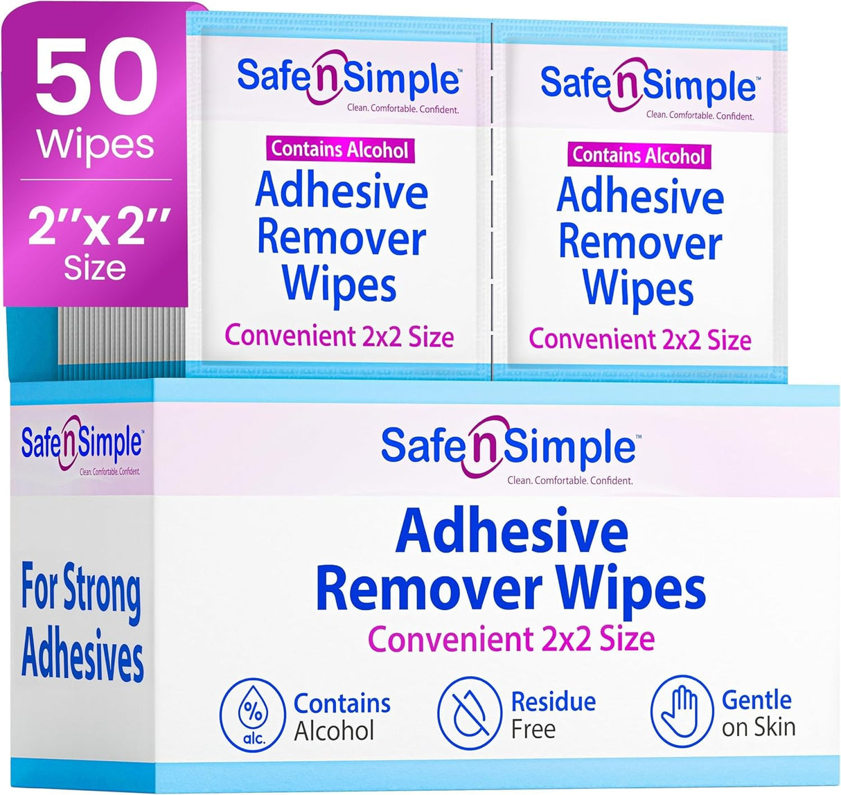 Safe N Simple Adhesive Remover, 2 x 2 Inch Wipe