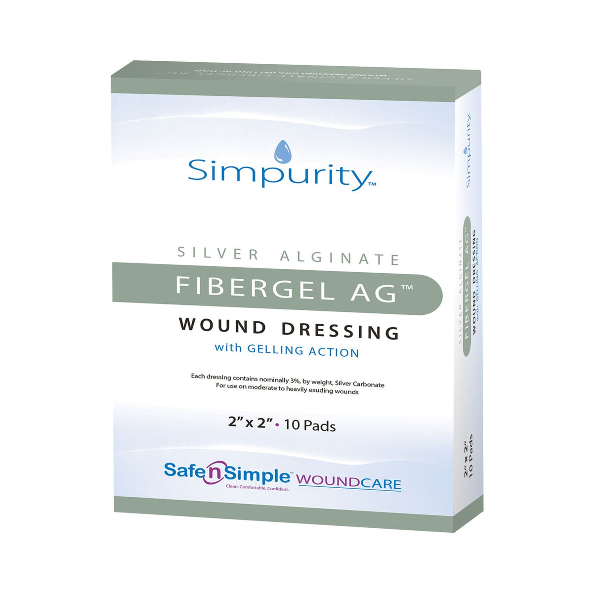 Simpurity Fibergel AG, Silver Alginate Wound Dressing, Square, 2" x 2", Sterile, Non-Adhesive Without Border - SNS56712-Single - LL Medico