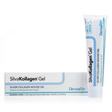 A tube of SilvaKollagen Gel Silver Collagen Wound Gel by Dermarite stands beside its white and blue box, both clearly displaying the product name and medical details.