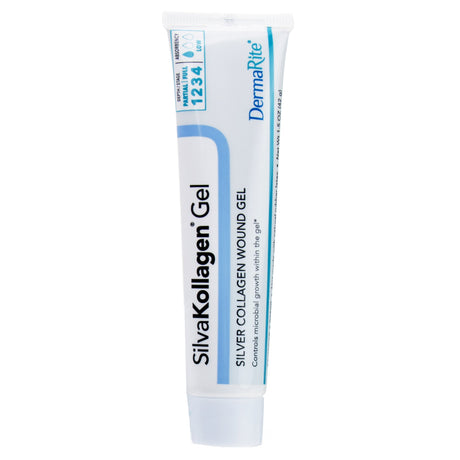 A tube of Dermarite SilvaKollagen Gel Silver Collagen Wound Gel, formulated with silver to help control microbial growth and support advanced wound care.