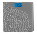The Veridian Healthcare SmartHeart Digital Talking Scale features a gray surface with white curved lines, a backlit display showing 126.0 lbs, and supports weights up to 438 lbs.
