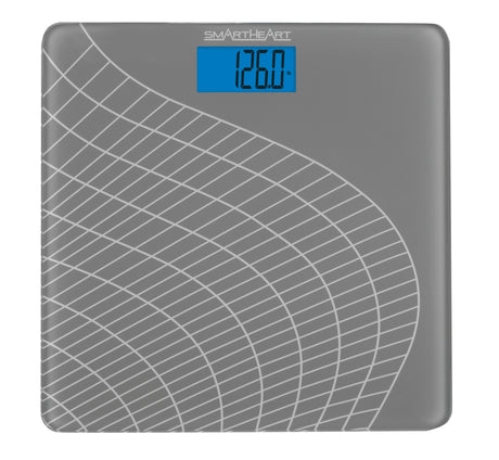 The Veridian Healthcare SmartHeart Digital Talking Scale features a gray surface with white curved lines, a backlit display showing 126.0 lbs, and supports weights up to 438 lbs.