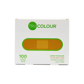Tru-Colour Skin Tone Bandages, Adhesive Strip, Olive, Fabric, 1 x 3", Sterile - TCB-GLS100 - LL Medico
