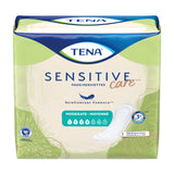 Package of TENA Sensitive Care Extra Coverage Moderate Incontinence Pads by TENA, offering moderate bladder leakage protection with the SkinComfort Formula. The green and beige pack shows product info and a pad illustration at the bottom right.