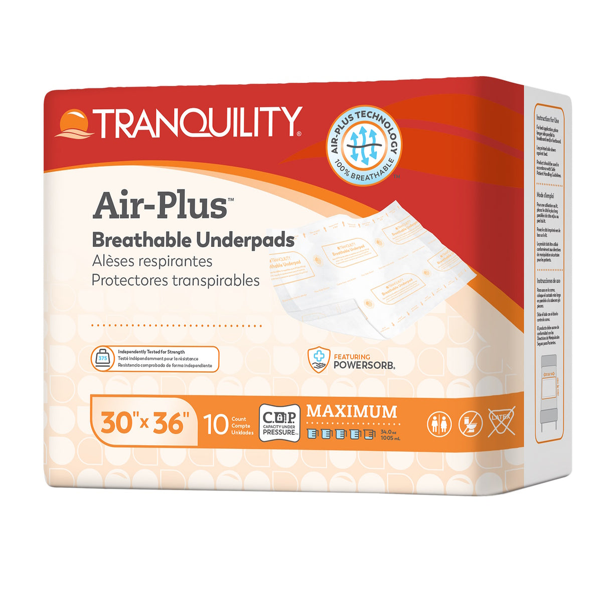 A 10-count package of Tranquility AIR-Plus Breathable Underpads, 30 x 36, offers heavy absorbency, is perfect for low-air-loss beds, and features orange and white Tranquility branding with product images on the front.