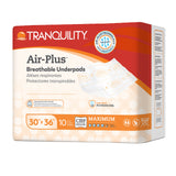 A 10-count package of Tranquility AIR-Plus Breathable Underpads, 30 x 36, offers heavy absorbency, is perfect for low-air-loss beds, and features orange and white Tranquility branding with product images on the front.