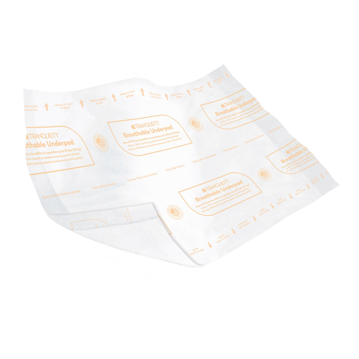 The Tranquility AIR-Plus Breathable Underpads, 30 x 36, are disposable, white, rectangular pads with orange branding, offering heavy absorbency and protection, and are compatible with low-air-loss bed systems.
