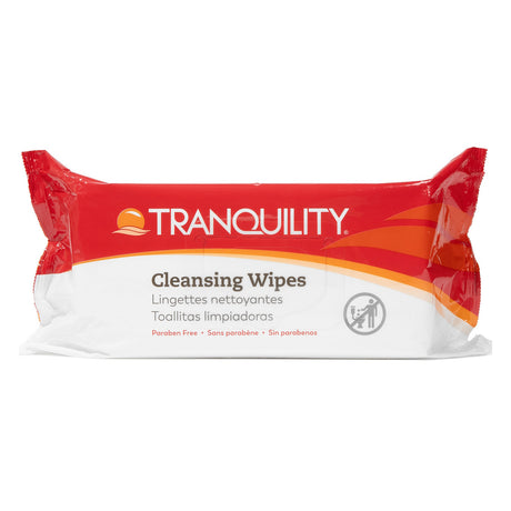 A package of Tranquility Cleansing Wipes with Aloe in red and white packaging, featuring "Paraben Free" in English, French, and Spanish—ideal for sensitive skin.