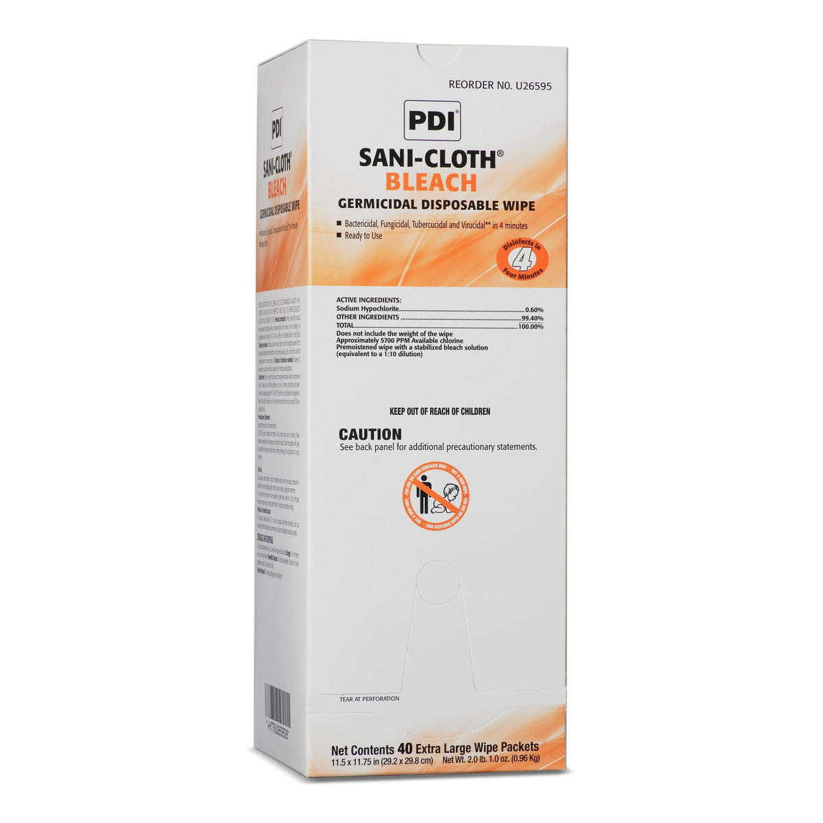Sani-Cloth Bleach, Premoistened Germicidal Surface Disinfectant Cleaner Wipe, 11.5 x 11.75", Nonsterile - U26595 - LL Medico