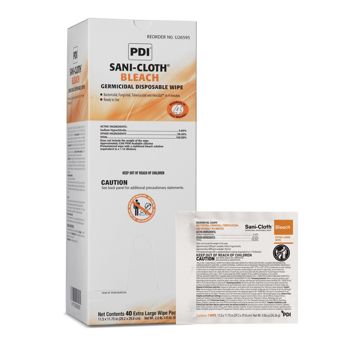Sani-Cloth Bleach, Premoistened Germicidal Surface Disinfectant Cleaner Wipe, 11.5 x 11.75", Nonsterile - U26595 - LL Medico