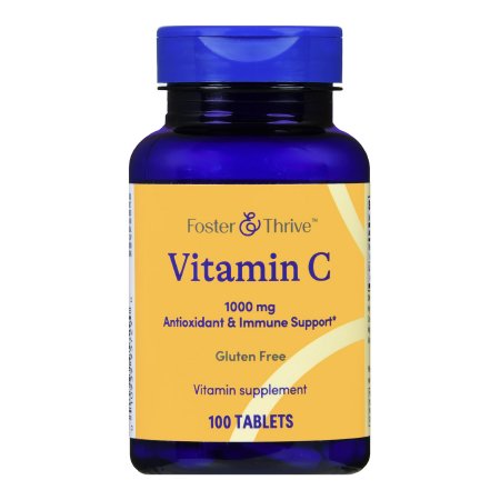 A blue bottle of Foster & Thrive Vitamin C Supplement with a yellow label reading "Antioxidant Protection & Immune Support, Gluten Free, 100 Tablets" from the brand Foster & Thrive.